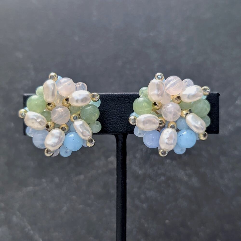 Vintage Clip On Earrings Flower Beaded Cluster Pastel Blue, Faux? Pearl, Green